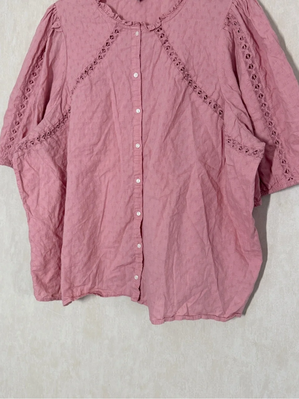 Old Navy Women’s Puff-Sleeve Lace-Trim Clip-Dot Blouse in Pink Paradigm 3X